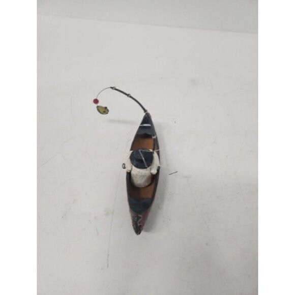 VINTAGE Christmas Tree Ornament Fishing Snowman In Metal Boat Fisherman Decor 6" - Picture 5 of 8